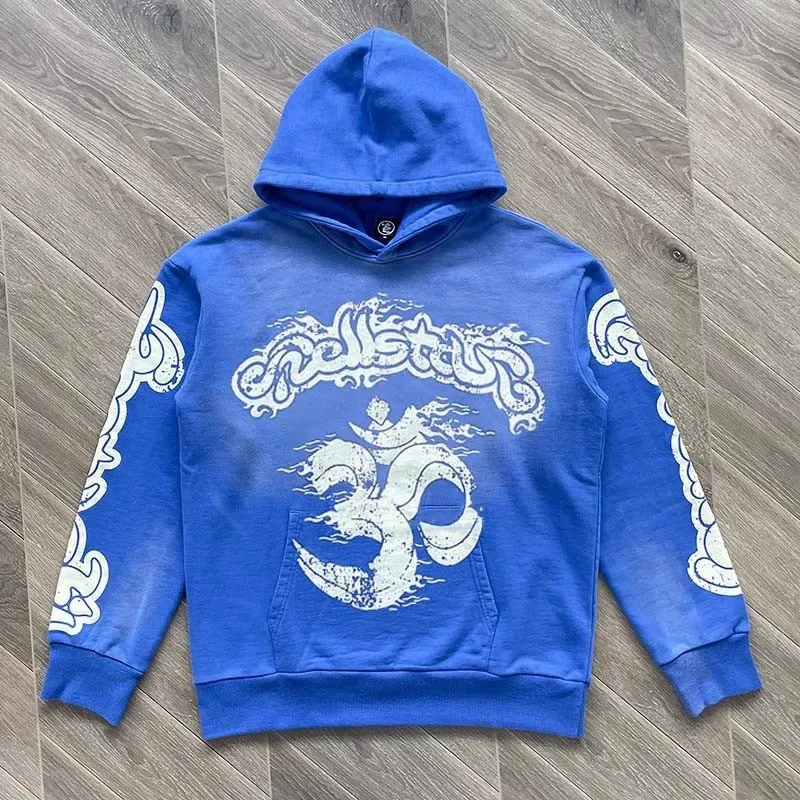 

HIgh Quality Blue Vintage Hellstar Studios Hoodie Men Women Patchwork Pullovers