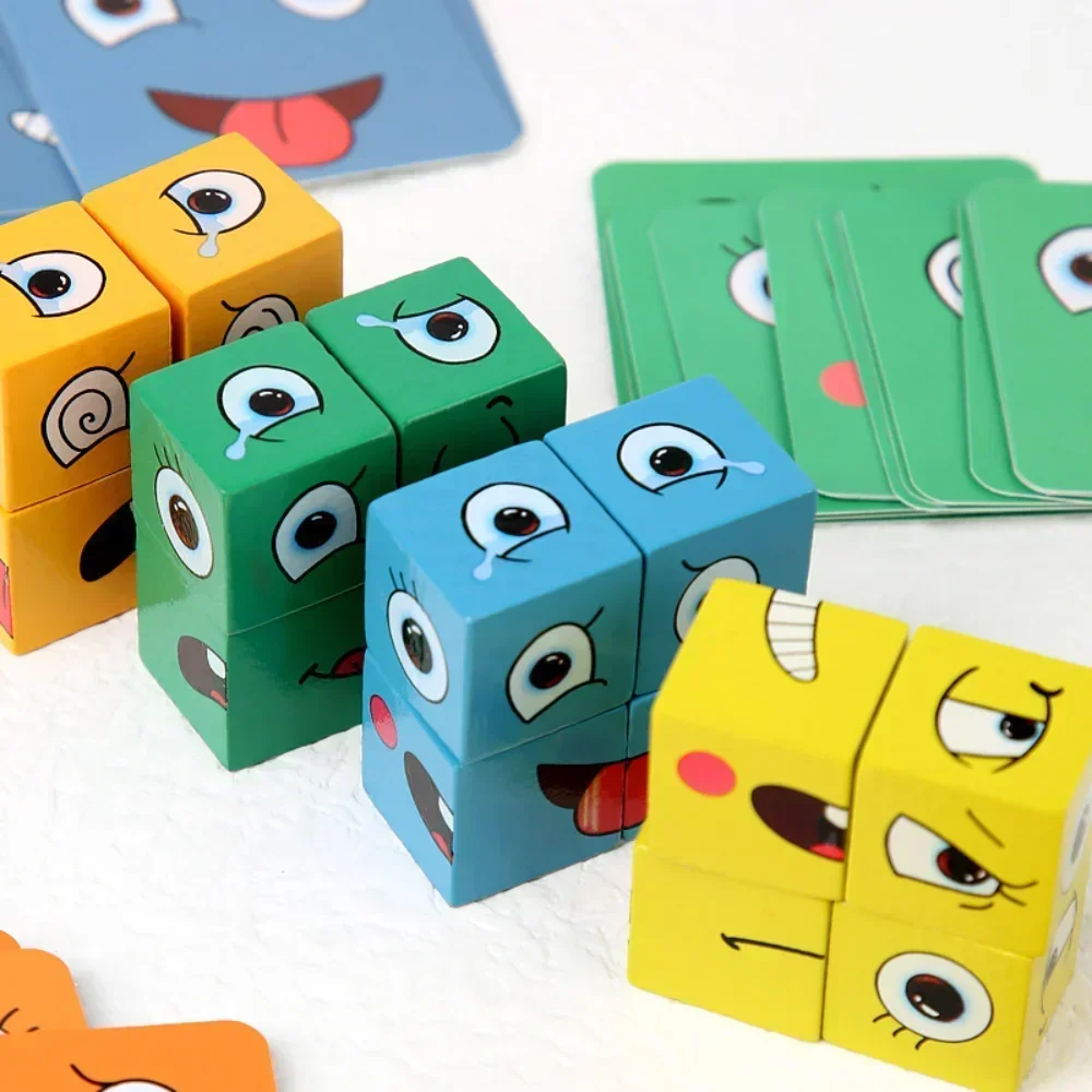 Cube Face Changing Wood Puzzle Building Blocks Board Game Montessori Expression Wooden Blocks For Children Kids Toys Gift