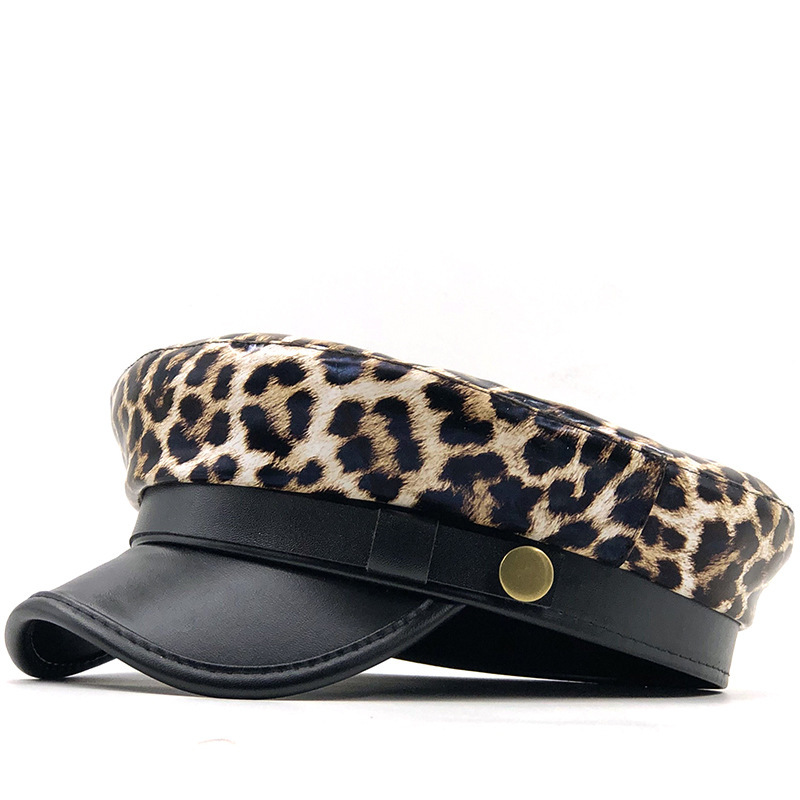 Leopard print hat, men's and women's leather brimmed military hat, leather flat top hat, artistic youth hat