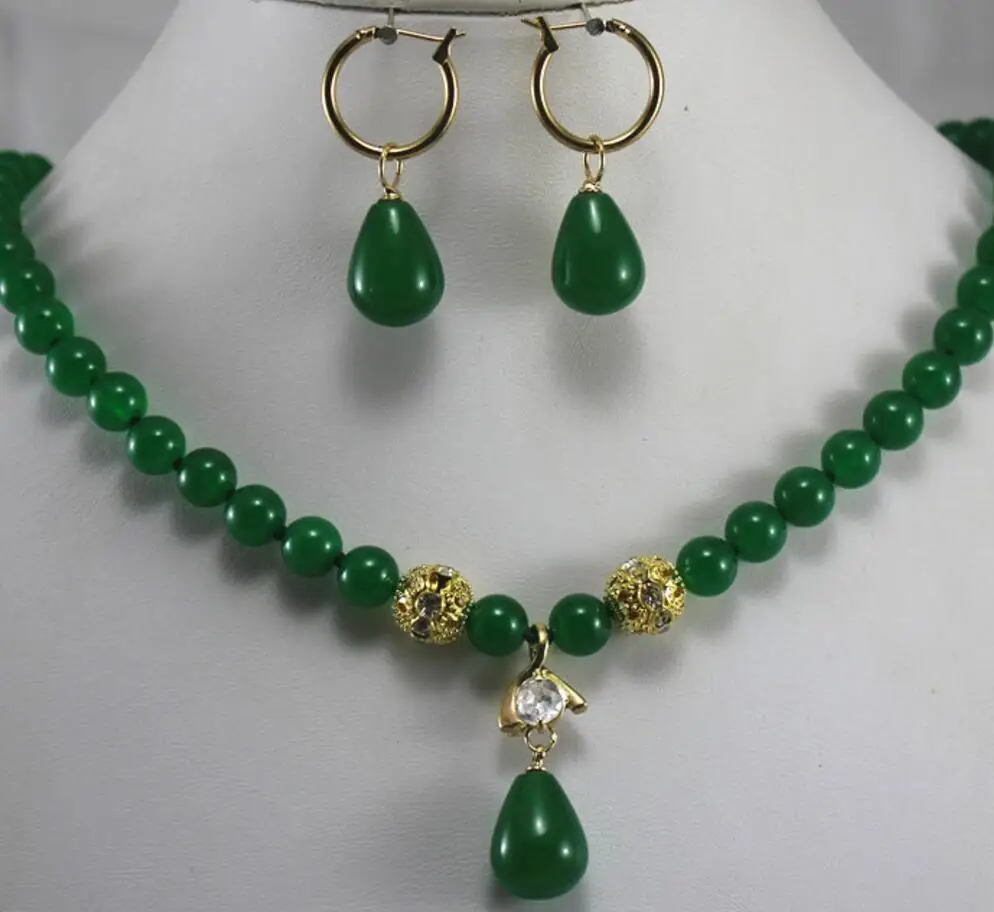 

prefect matched 8mm green jade necklace earrings jewelry sets for party and wedding