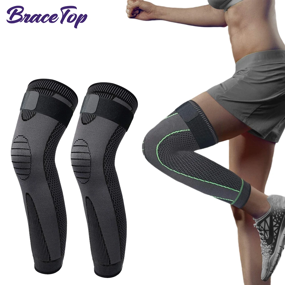BraceTop Anti-Slip Lengthen Knee Pad Long Leg Sleeve Bandage Compression Knee Brace Running Sports Warmth Elastic Protector leg compression sleeves