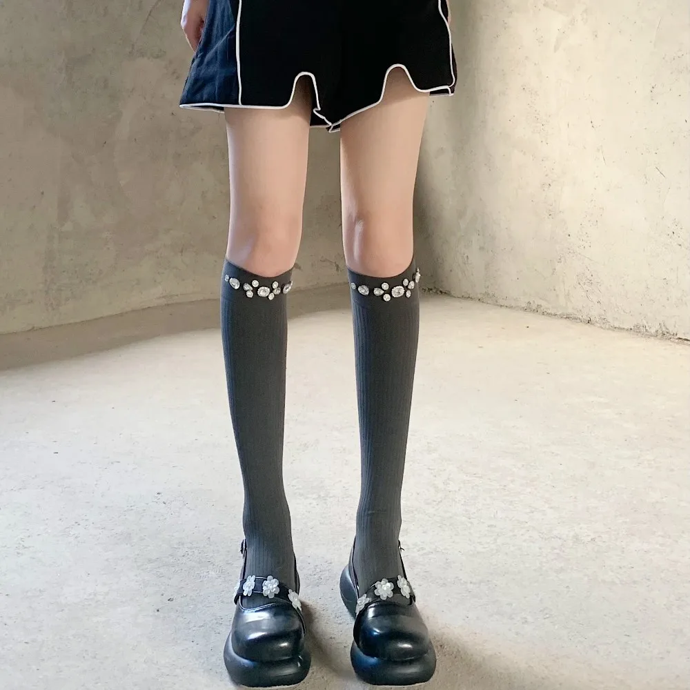 Handmade Rhinestone Tube Socks Internet Celebrity Thin Velvet Diamond Calf Sexy Dark Style Socks Thigh High Stockings Women