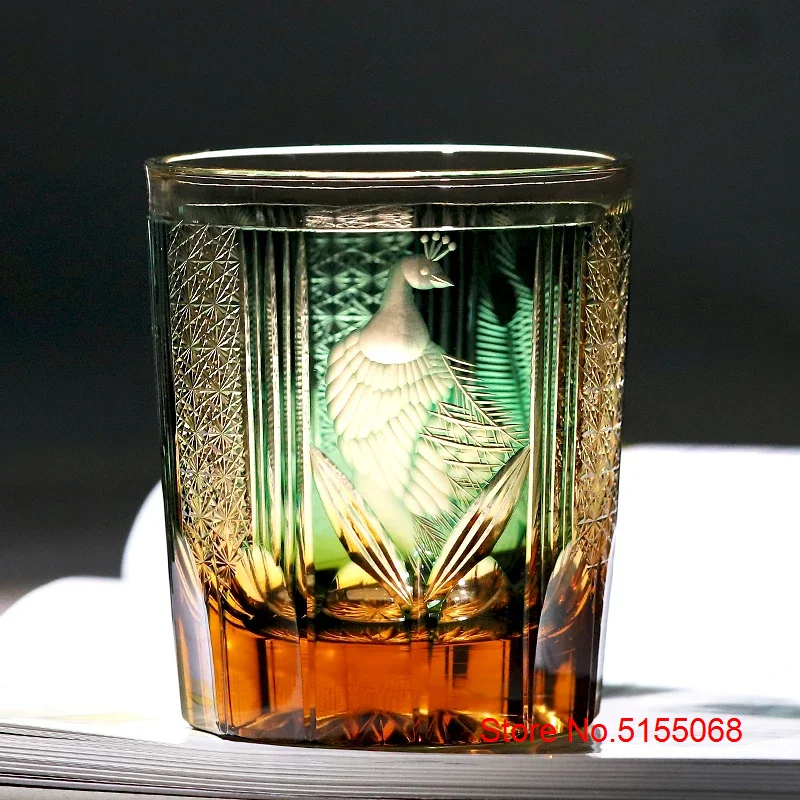Description Picture 2 of itemJapanese Style Luxury Edo Kiriko Wine Glass Green Blue Krystal Whisky Tumbler Handmade Engraving Peacock Whiskey Drinking Cup