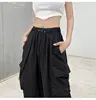 Women's Low Waist Tech Pants, Drawstring, Wide Leg Baggy Trousers, Y2K Streetwear, Oversize Sweatpants, Casual Joggers, 2