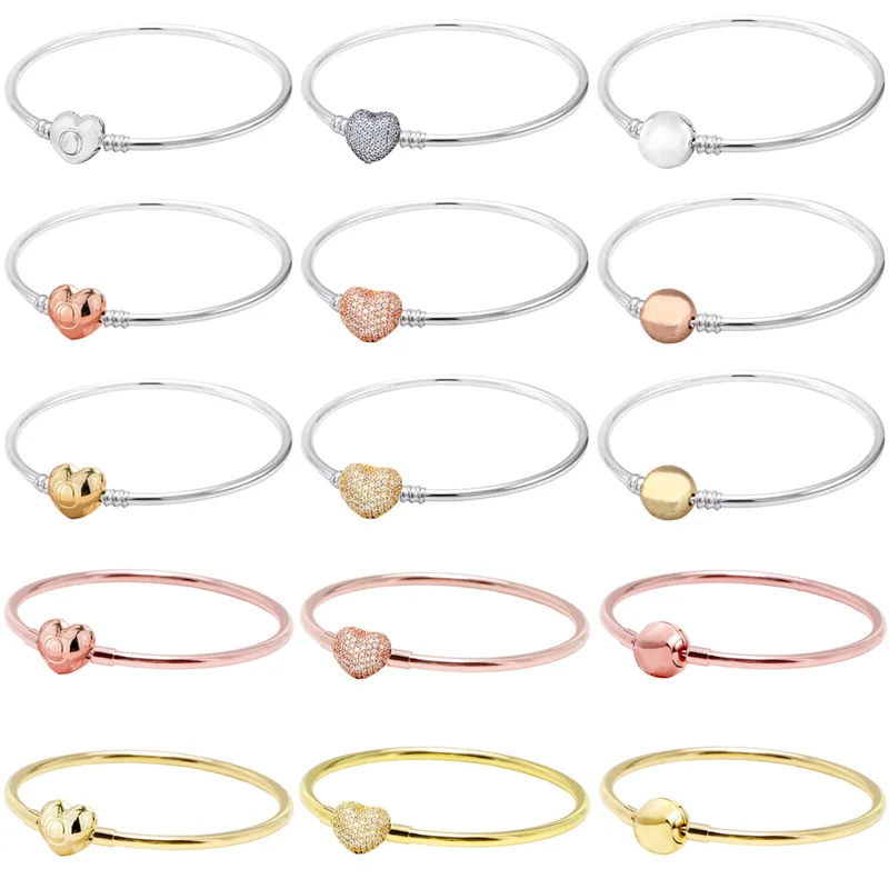 

Original Pave Heart Ball Circular Clasp Snake Chain Bangle Fit Fashion Bracelet 925 Sterling Silver Bead Charm DIY Jewelry