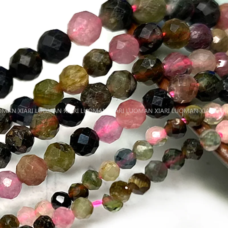 Fine 100% Natural Stone Beads Faceted Tourmaline Loose Round Gemstone  For Jewelry Making DIY Bracelet Necklace Charms 2-4mm 6