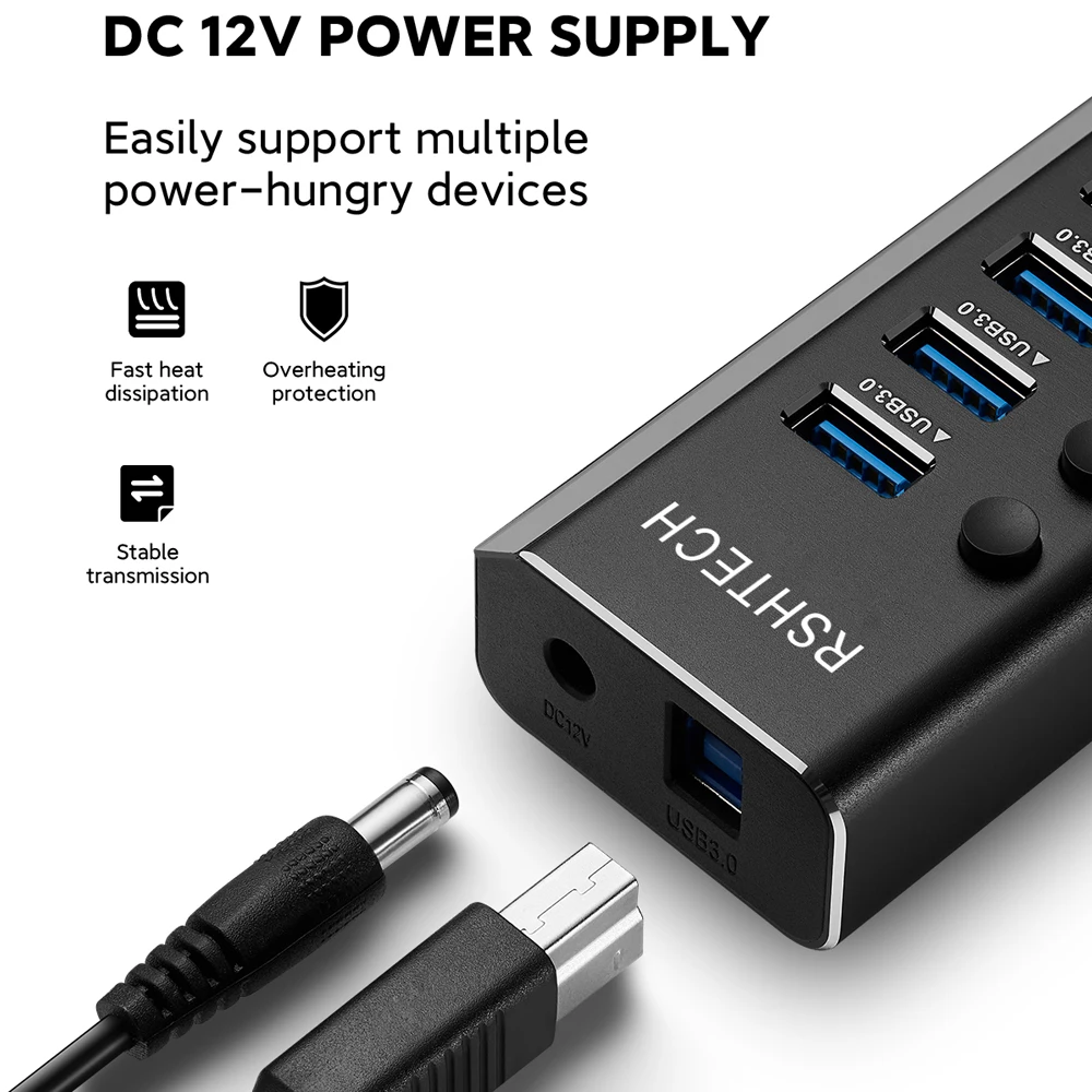 RSHTECH 100W Powered USB 3.0 Hub 16 Port Expander 5Gbps USB Splitter with Switches Power Adapter for Laptop Accessories MacBook 5
