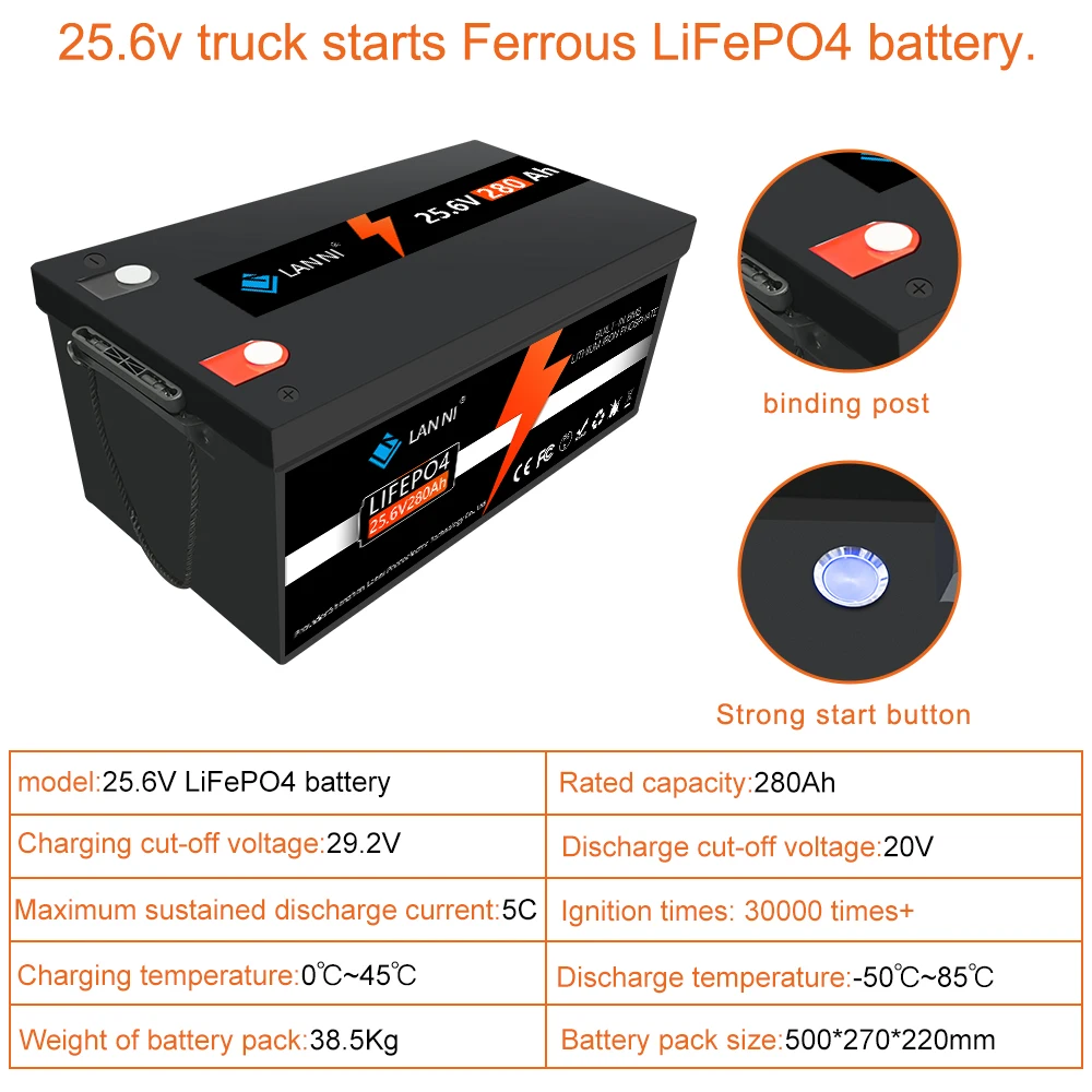 LANNI 24V LiFePO4 Lithium Battery 100Ah 150AH 25.6v Energy storage