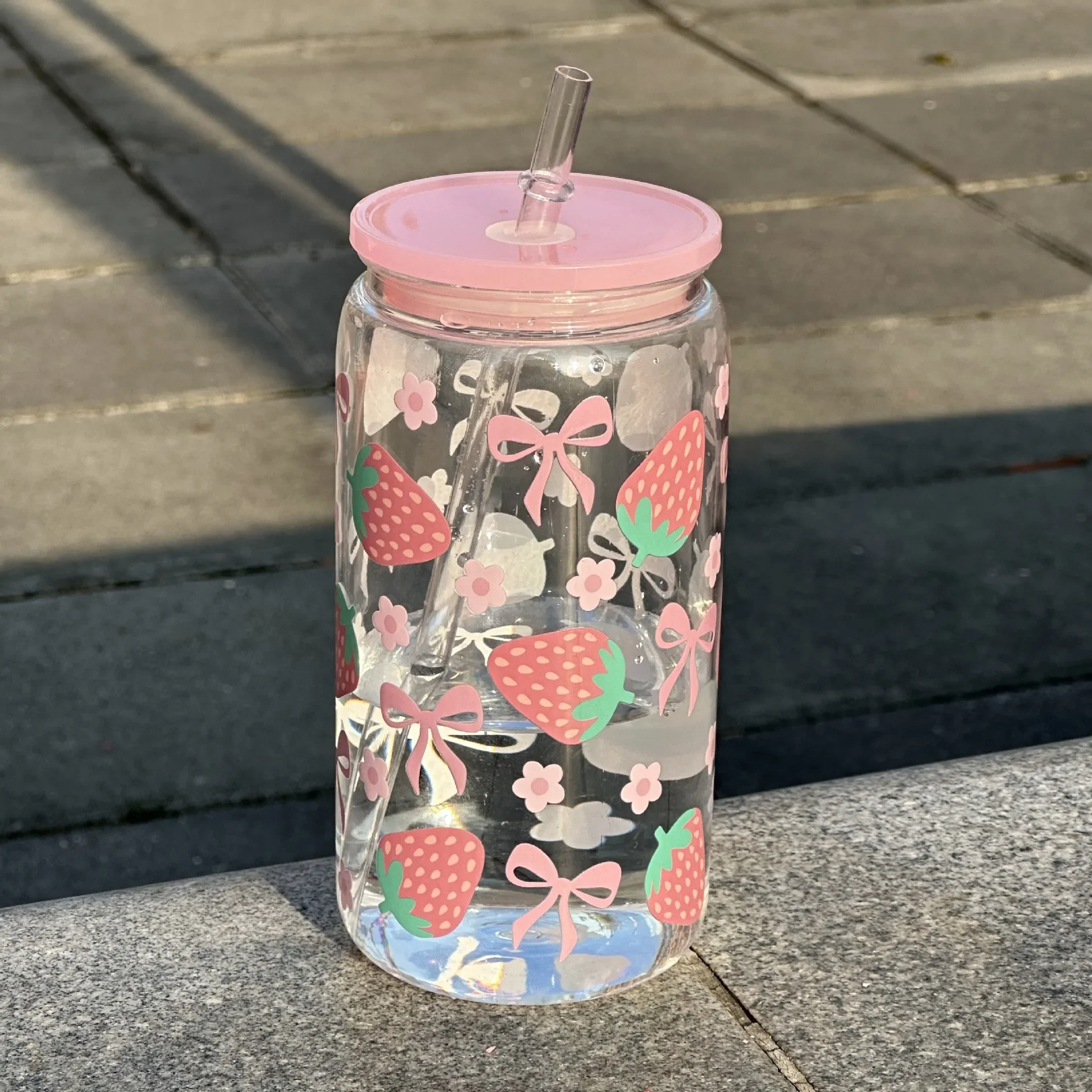 500ml Pink Bow Print Water Bottle Mason Jar Shaped Water Bottle With Lids Plastic Cup Pink Bowknot Tumbler Cup Coffee Juice Cup