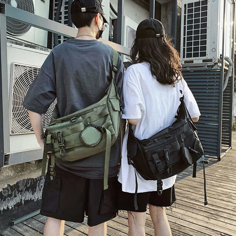 Men Shoulder Bag Gothic Black Crossbody Messenger Tote Bags Women's Shopper Nylon Hip Hop Techwear Satchel Waist Goth Postman