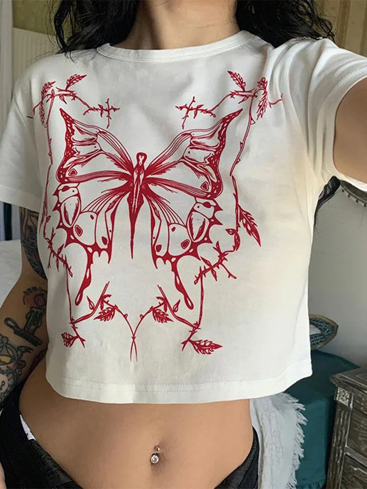 Floerns Women's Butterfly Print Crop Top - Short Sleeve Y2K Drawstring Side Tee - Casual Summer Shirt For Women - View #2