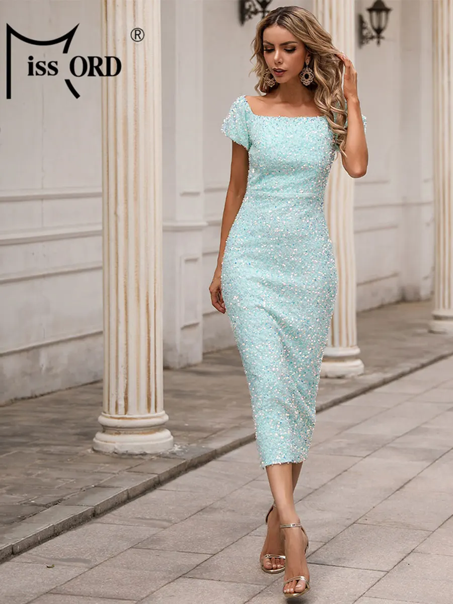 Missord Light Blue Sequin Midi Wedding Party Dress Women Short
