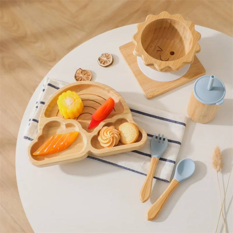 Baby Tableware Set Wooden Feeding Clouds Plate Bowl Spoon Fork