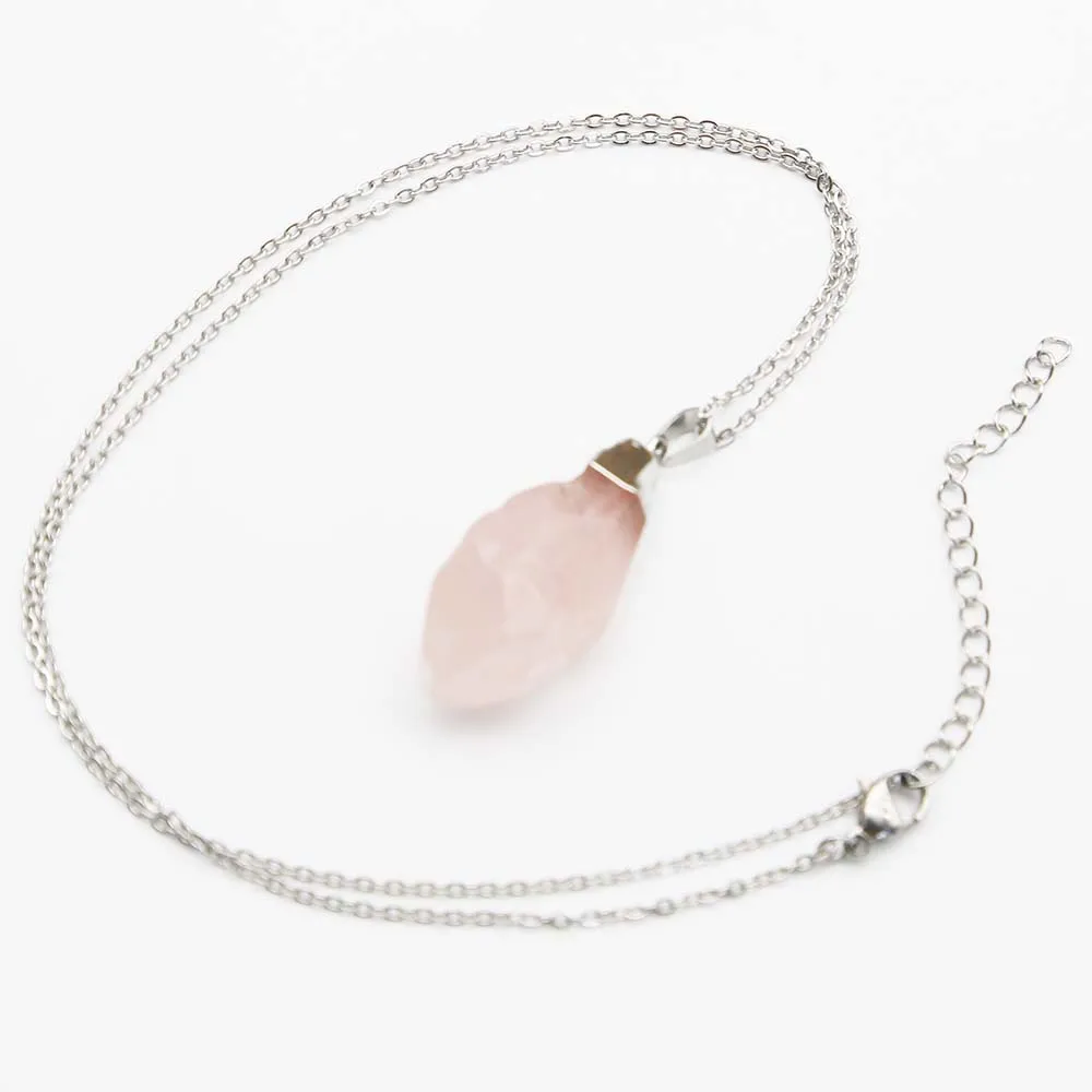 Natural Stone Irregular Rose Quartz Silver Plated Pendant Stainless Steel Chain Necklace Charm DIY Jewelry Accessories Gift 8Pcs