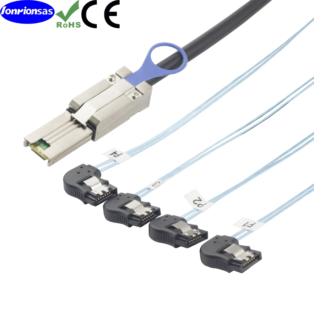 LONRIONSAS # Mini SAS 26P SFF от 8088 до 4 SATA 7Pin левый угловой гнездовой кабель с защелкой, Мини хост SAS/контроллер к 4 SATA