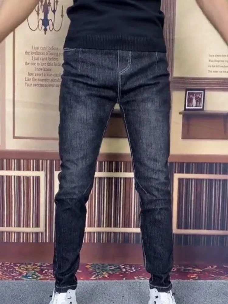 thumbnail image 1 of Pantalones vaqueros elásticos para hombre, pantalones vaqueros para hombre, pantalones harén negros elásticos, tendencia regular de invierno 2024, moda primavera otoño, estilo coreano, 1 of 4
