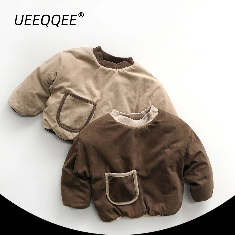 

Новинка Осень-зима 2024, плотные теплые детские свитшоты с карманами, пуловер для мальчиков и девочек, детская одежда в Корейском стиле