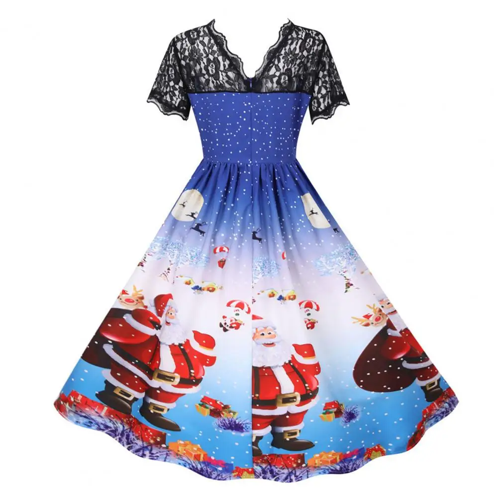 

Lace Midi Dress Stunning Women's Christmas Dress A-line Big Swing with Santa Snowflake Print Round Neck See-through for Festive