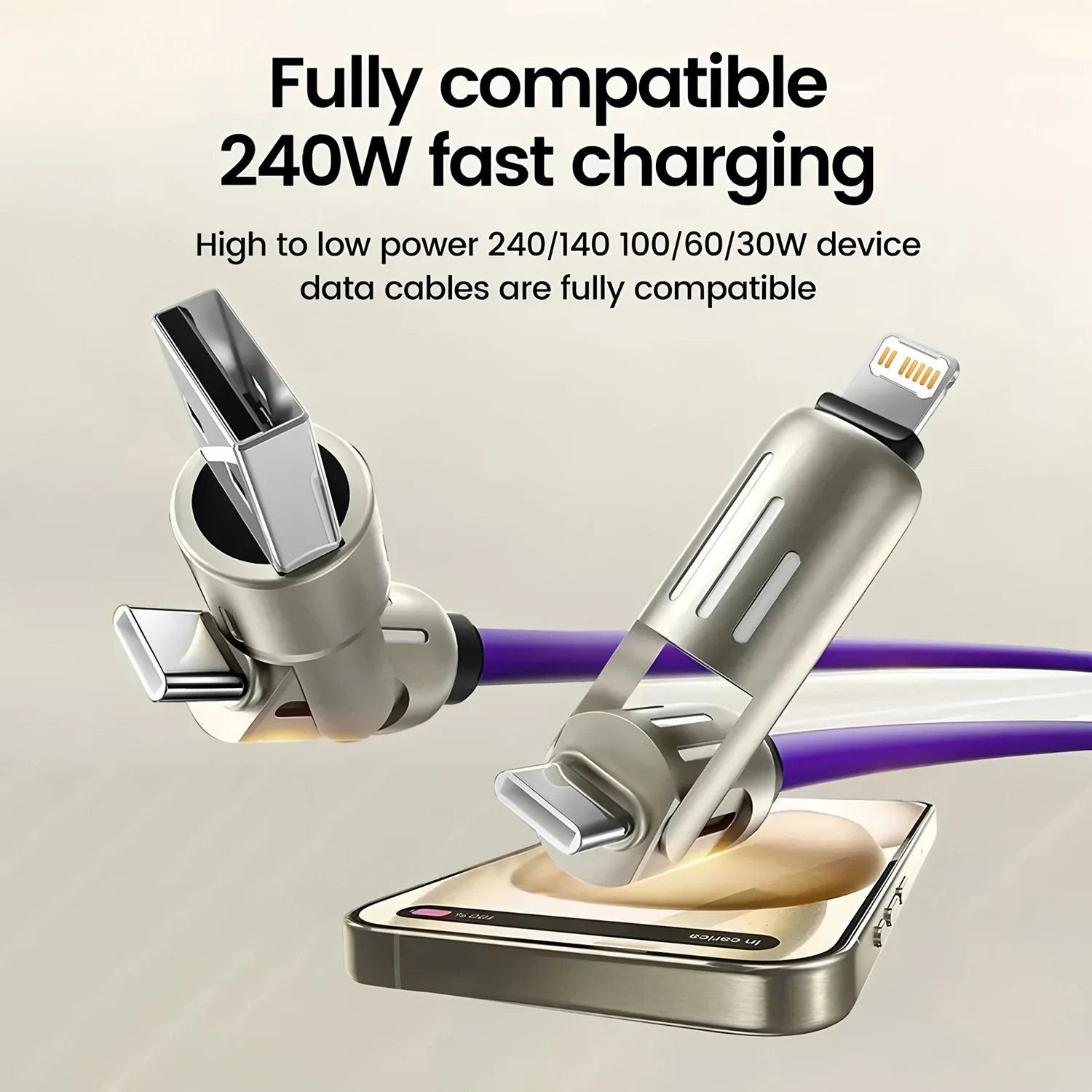 รูปสินค้า สายชาร์จ USB Type-C 4-in-1 ชาร์จเร็ว 240W สำหรับ iPhone Huawei Samsung Xiaomi