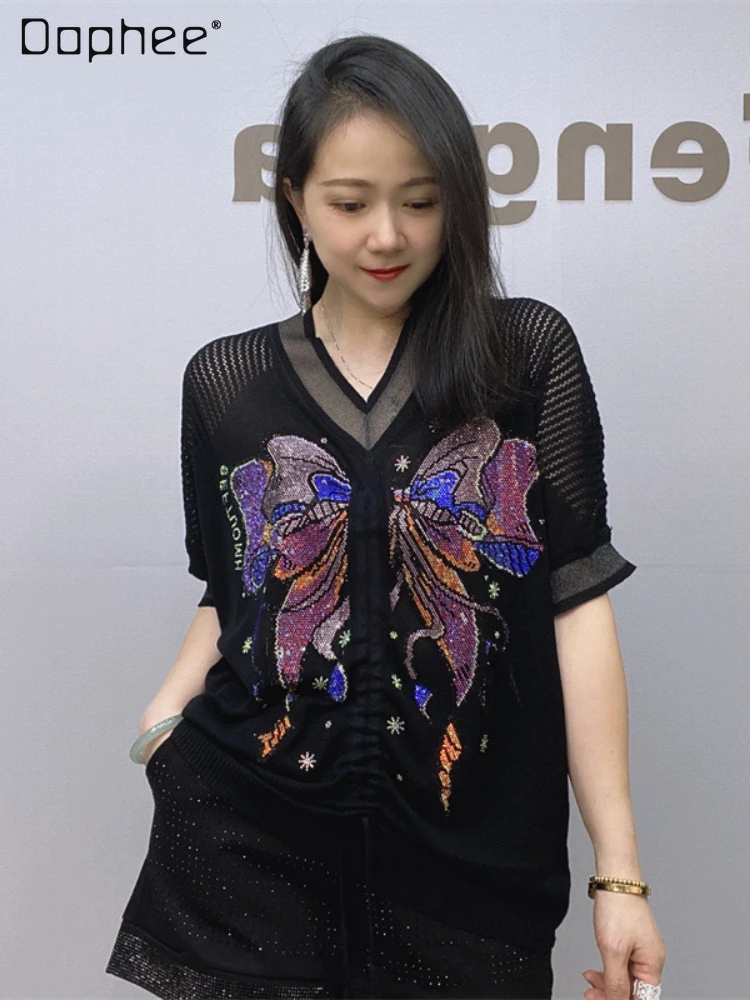 

Vintage V-neck Rhinestone Lightweight Knitted for Women 2023 Summer New Sexy See-through Short Sleeve White T-shirt Top Female