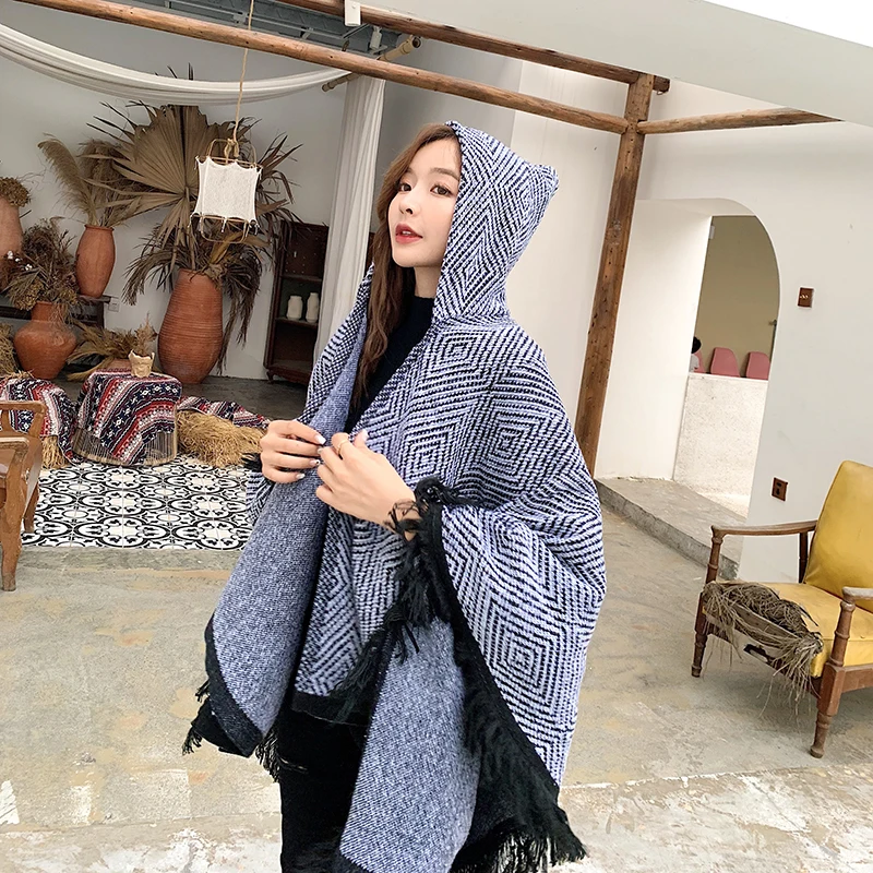 

Korea Cloak Scarf Women Black White All Match Cappa Thick Pashmina Warm Windproof Dual-use Scarves Hijab Spring Autumn Winter