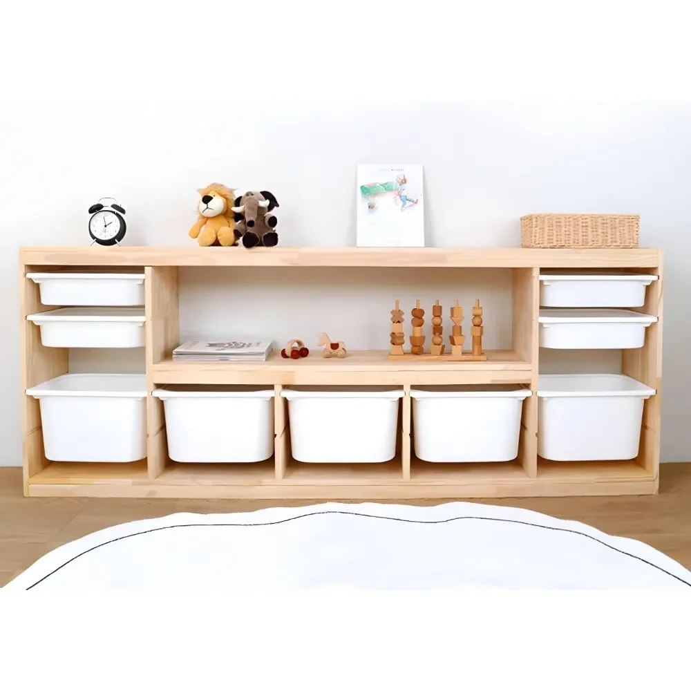 Wooden Closed Back Kids Bookshelf Freestanding Bookcase Modern Display Cabinet Shelf with Drawers Children Toy Storage Cabinet 3