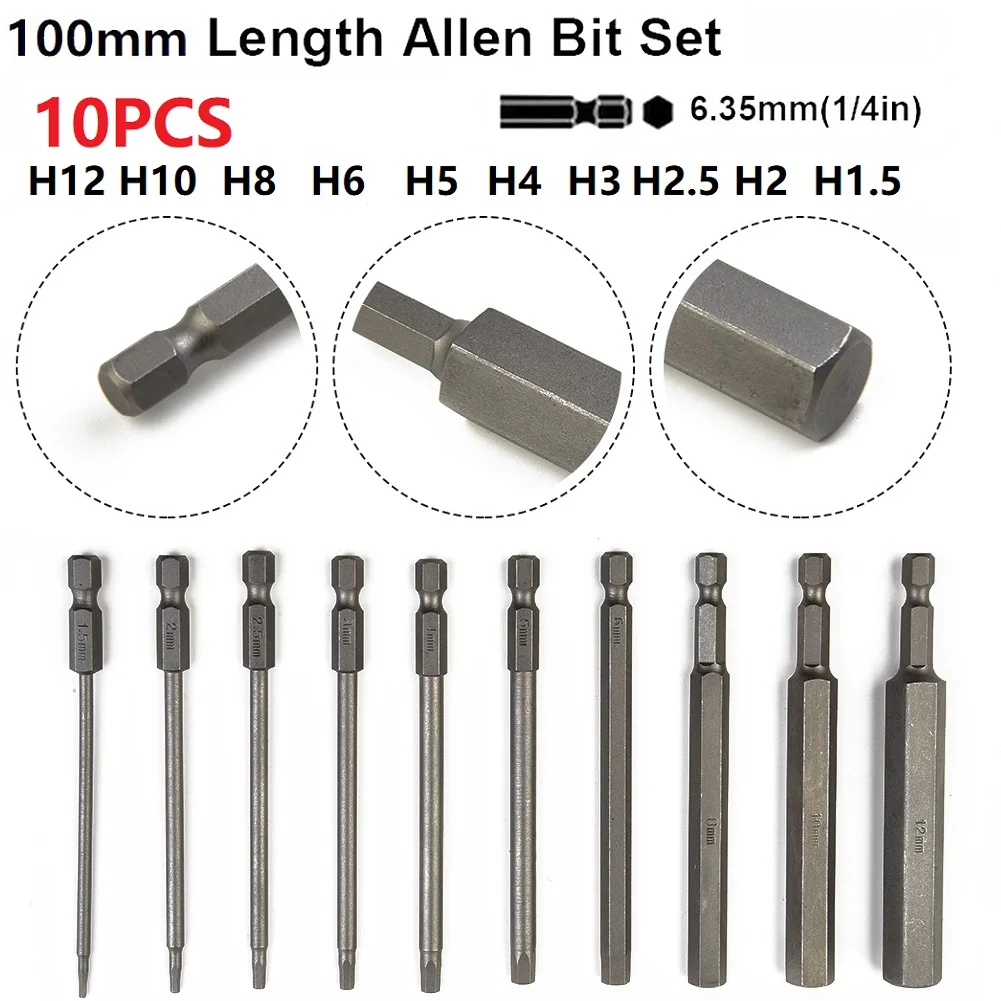 10pcsHexHeadAllensWrenchDrillBitsSet100mmSAEMetric