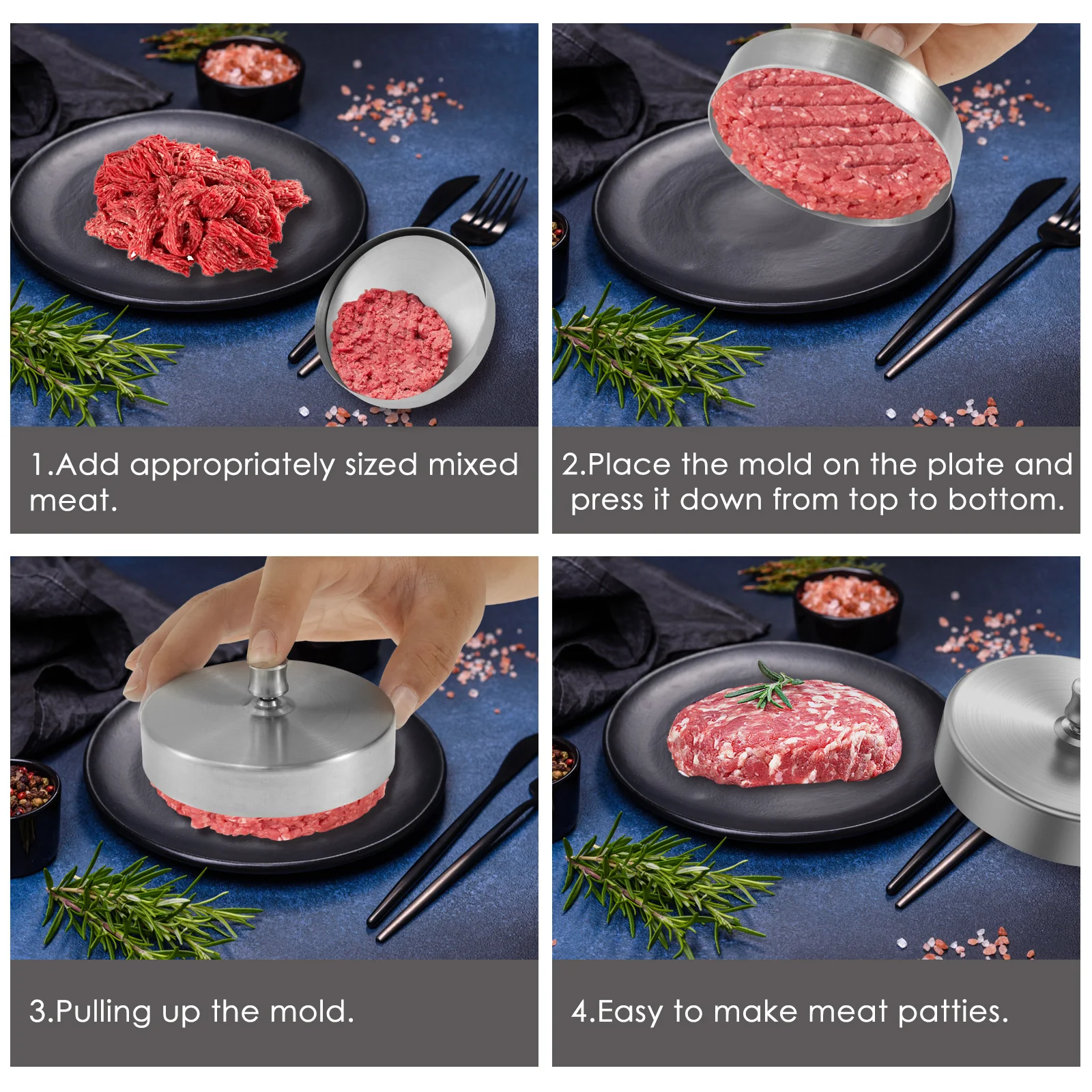 Burger Press with 100 Patty Papers Stainless Steel Hamburger Patty Maker Adjustable Thickness Burger Press Maker Non Stick burger press