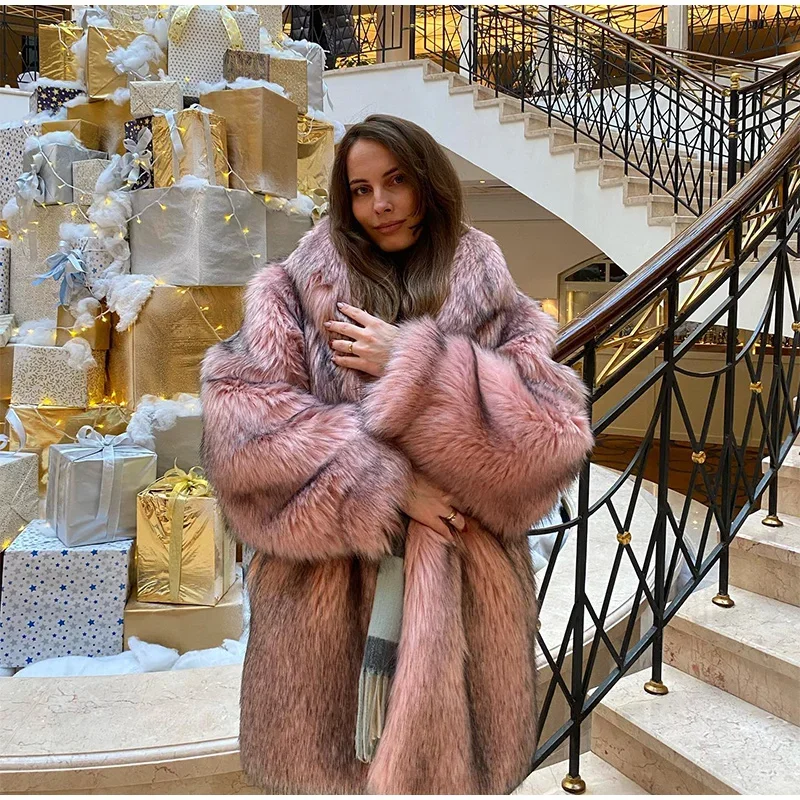 Winter Faux Fur Long Coat For Women Fashion Full Sleeve Fur Collar Oversize Female Jacket New Elegant Thick Warm Outwear