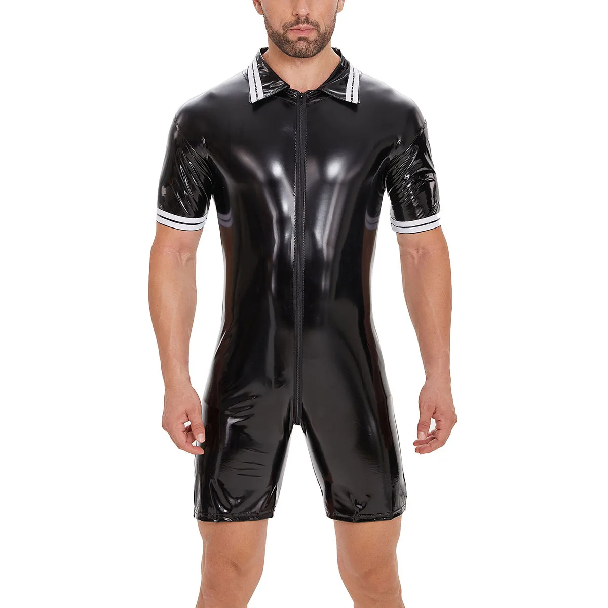 Male Zipper Leather Catsuit Sexy Turn Down Collar Leather Romper Zipper Jumpsuit Black Short Sleeve Bodysuit Underwear Clubwear
