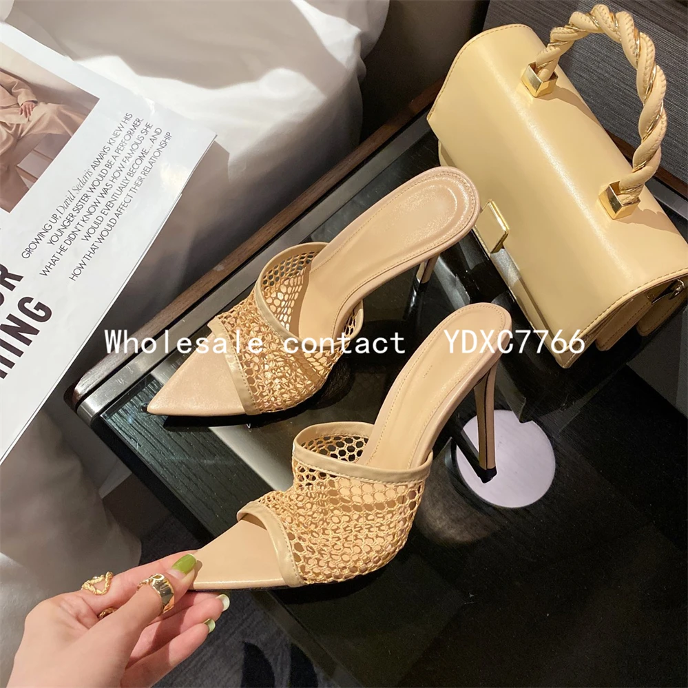 New European and American mesh fish mouth open toe thin heel high heels 2023 summer fashion sexy women wearing sandals slippers