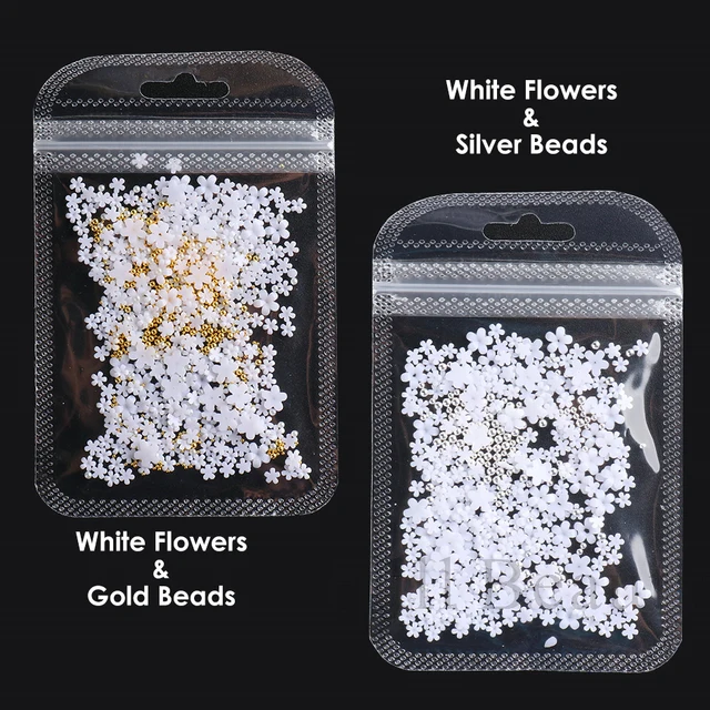 Elegant Acrylic White Flowers Nail Art Jewelry Parts Mixed Gold