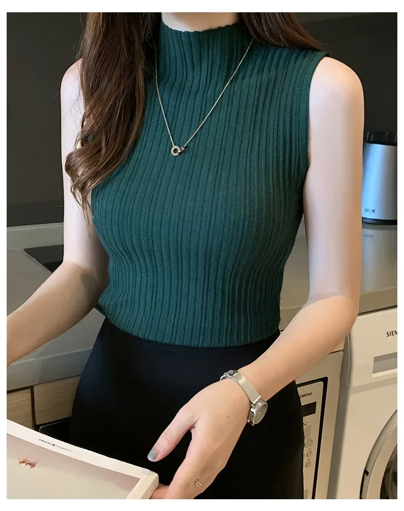 Blusa de punto sin mangas elegante de moda para mujer, blusa de verano de color sólido, blusa informal, camisa de cuello medio alto