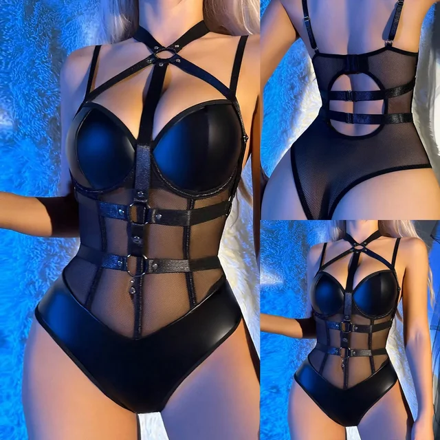 Erotik Dessous PU Leder Netz Body - Bandage Push-Up BH, PVC Latex - wie D - Bild 8 von 8