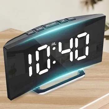 Curved Screen Clock Digital Led Alarm Clock with Temperature Display Large Mirror Clock Snooze Bedside Table Clock Room Decor 1