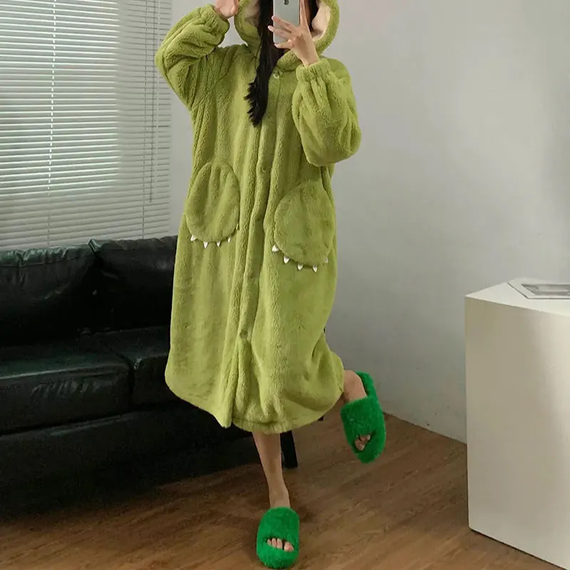 Plus Size Cartoon Long Robe Couple Models Hooded Pajamas Facecloth Bathrobe Autumn and Winter Coral Fleece Robe Women Homewear 2