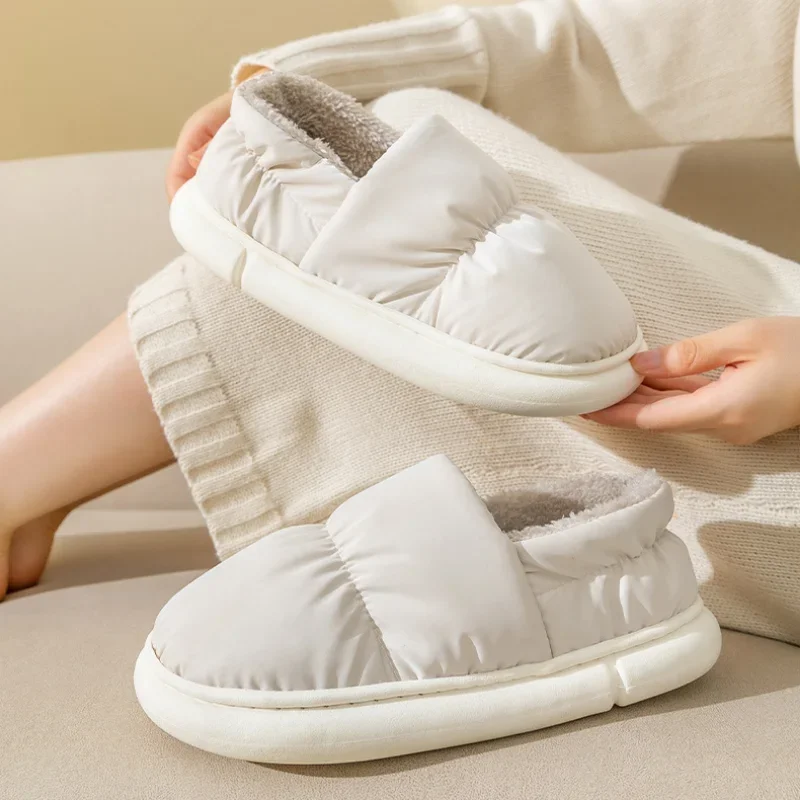 2023 New Waterproof Women Slippers Outside Thick Bottom Super Warm Plush Platform Winter Down Non-slip Cotton Shoes  for Couples