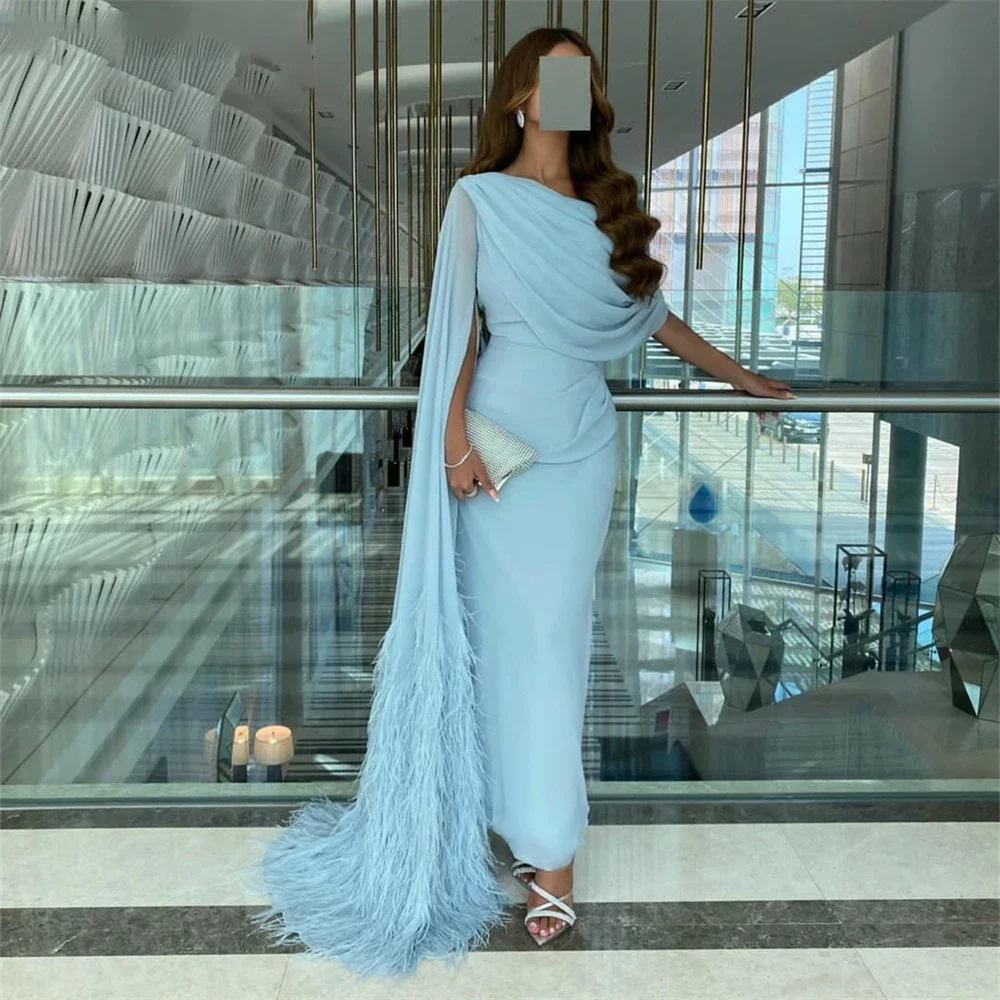 

Vinca Sunny Long Light Blue Pleated Evening Dress Chiffon Mermaid Floor Length Formal Party Dress With Feathers For Wome