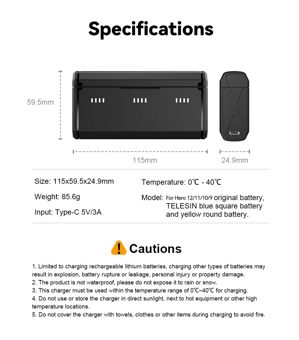 TELESIN Portable Battery Charger Fast Charging for Hero12 Battery Hero 12 11 1