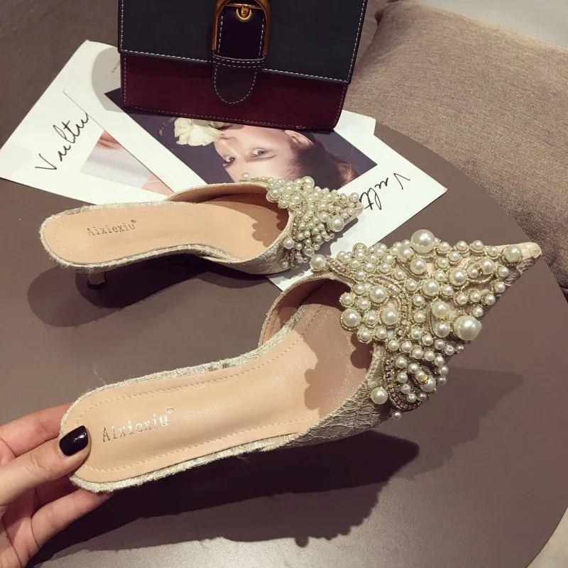 Pearl Luxury Designer High Heels Slippers Women Elegant Office Thin Heels Slides Female Pointed Toe Slingback Sandals Women