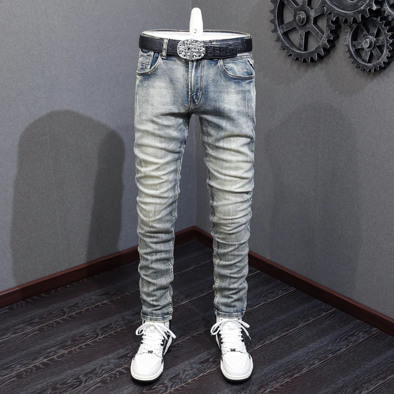 Italian Style Fashion Men Jeans High Quality Retro Washed Elastic Slim Fit Ripped Jeans Men Vintage Designer Denim Pants Hombre