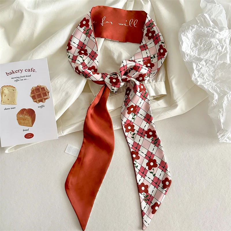 Luna&Dolphin Women Spring Skinny Long Scarf Red White Felower Love Print Chiffon Silk Tie Bag Ribbon Headband Choker 6