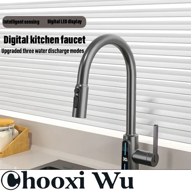 CHOOXIWU-หน้าจอดิจิตอล/ดึง/เย็นและร้อน/ก๊อกน้ำสำหรับห้องครัวเหนี่ยวนำอัจฉริยะ, ก๊อกน้ำอ่าง 4