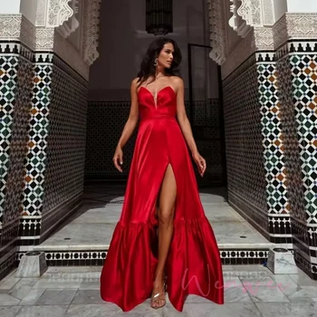 Customized Red Party Dresses Floor-Length Prom Dress A-line Side Slit robes de soirée Satin Strapless Sleeveless Backless