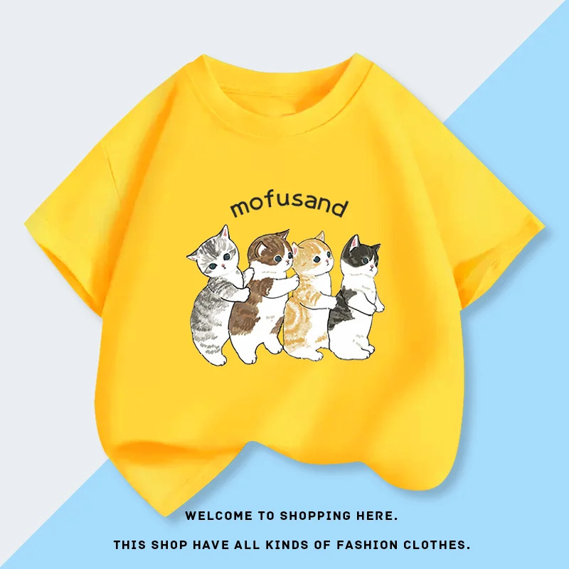 모푸산드 여아 고양이털 반팔 티셔츠 - 여름 순면 신상 트렌디 여름옷 아동용 상의