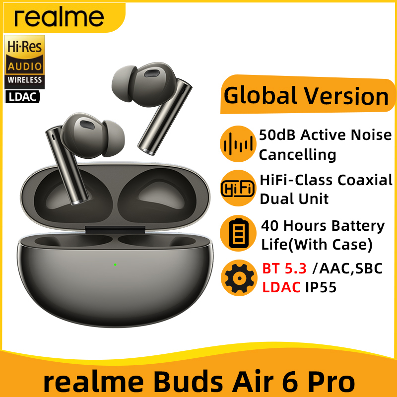 Global Version realme Buds Air 6 Pro True Wireless Earphone 50dB Active Noise Cancelling Bluetooth 5.3 TWS Headphone LDAC IP55