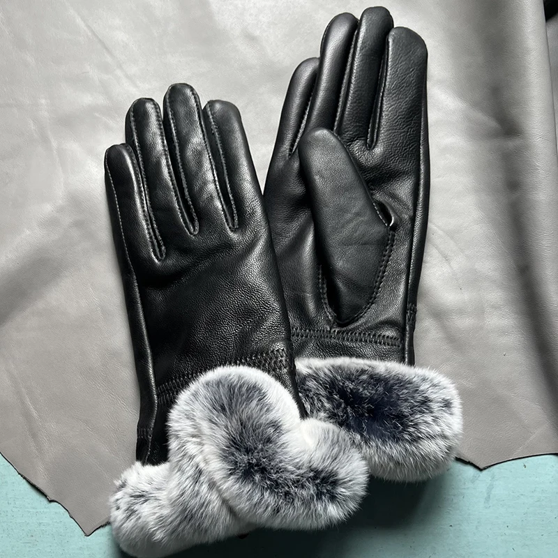 Autumn winter women's genuine leather gloves 100% real rex rabbit fur genuine sheepskin mittens black red blue pink