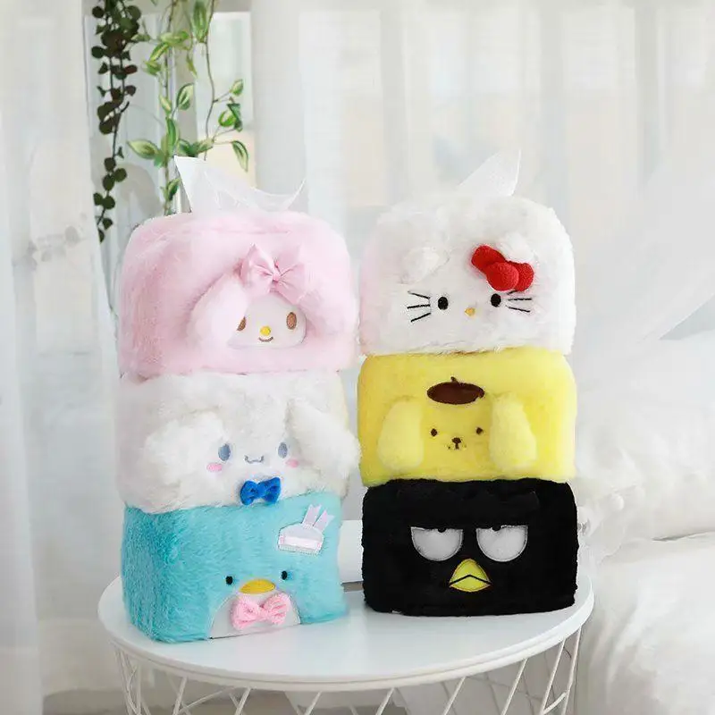 

Sanrio Kawaii Tissue Box Melody Cinnamoroll Pompom Purin Plush Tissue Cover Household Car Living Room Tissue Box Cartoon Drawer