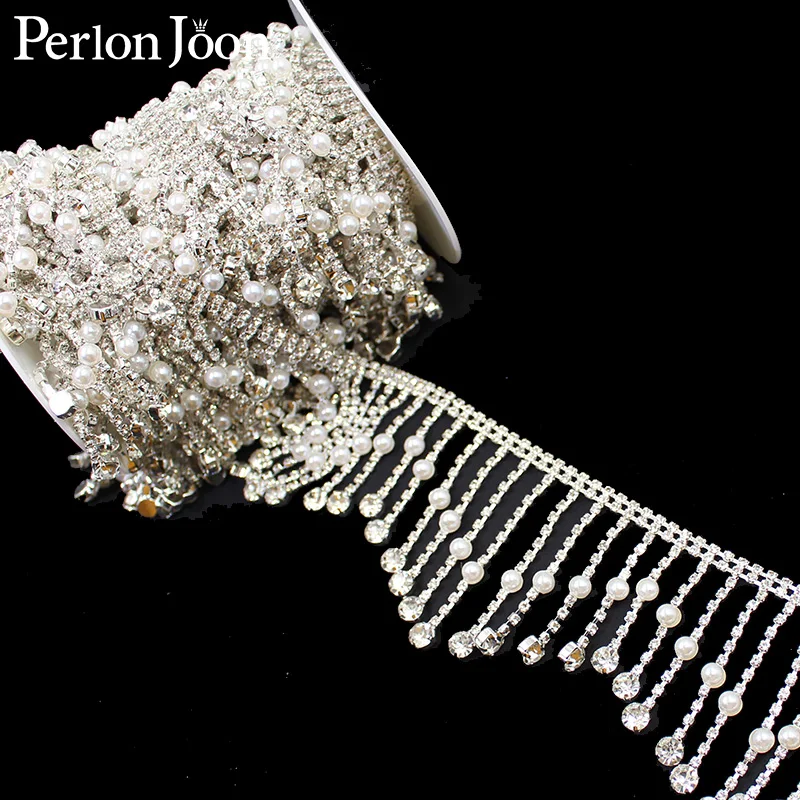 1 Yard Rhinestone Tassel Wave Crystal Yellow Silver Clip Pearl Side Stitch Chain Fringe for curtains Decoration ML146