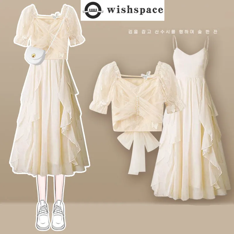 2023 Summer Lace Bow Short Sleeve T-shirt with Ruffles Hanging Strap Dress Two Piece Elegant Women's Dress Set Casual Outfits